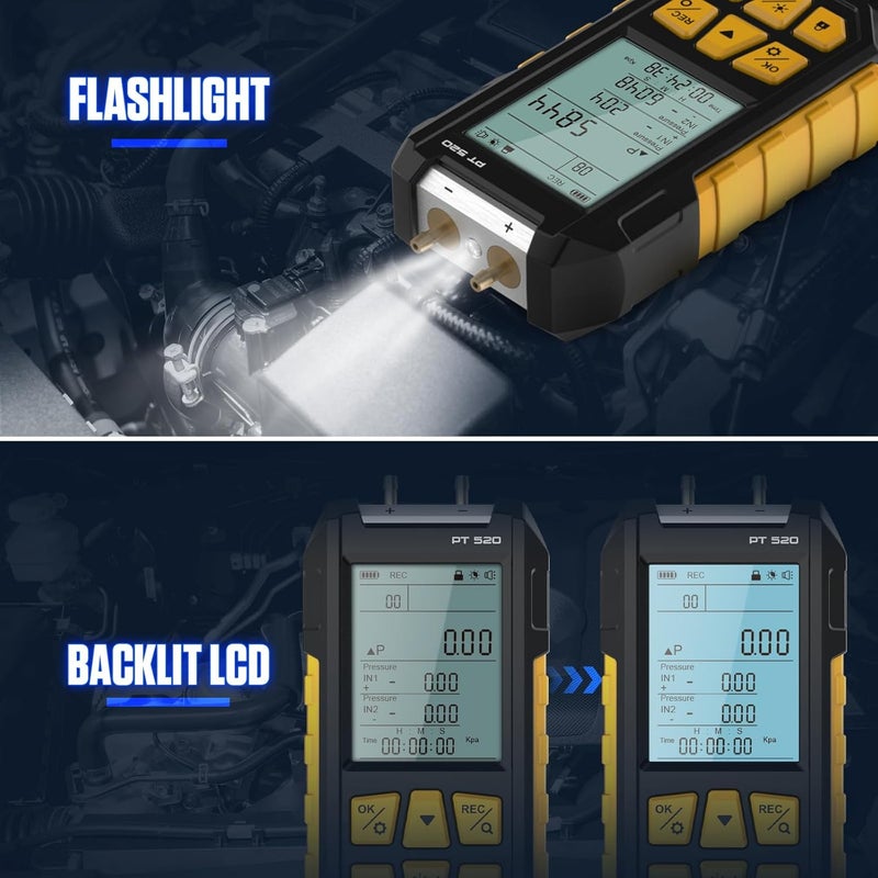 Autool Manometer Gas Pressure Tester,Digital Manometer HVAC,10 Units Differential Dual Port Pressure Gauge -100 to 200Kpa,Data Zeroing with Backlight LCD Display - Image 5